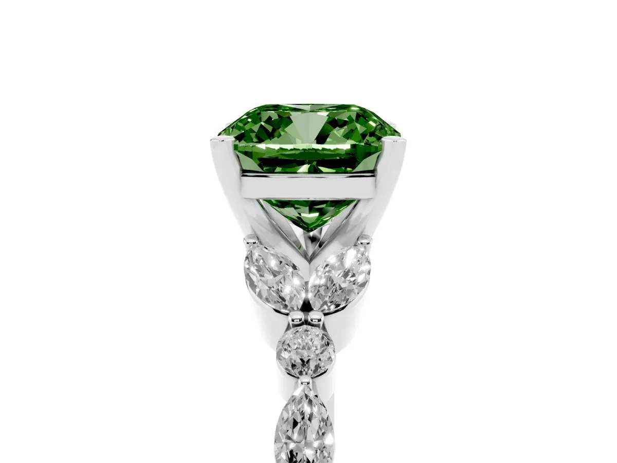Fancy Green Cushion Cut Diamond Solitaire Ring with Side Stones and Four-Prong Setting Silver