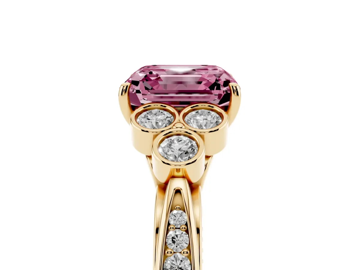 Fancy Pink Asscher Cut Cut Diamond Engagement Ring with Bezel Set Round Side Stones and Prong Setting Yellow gold