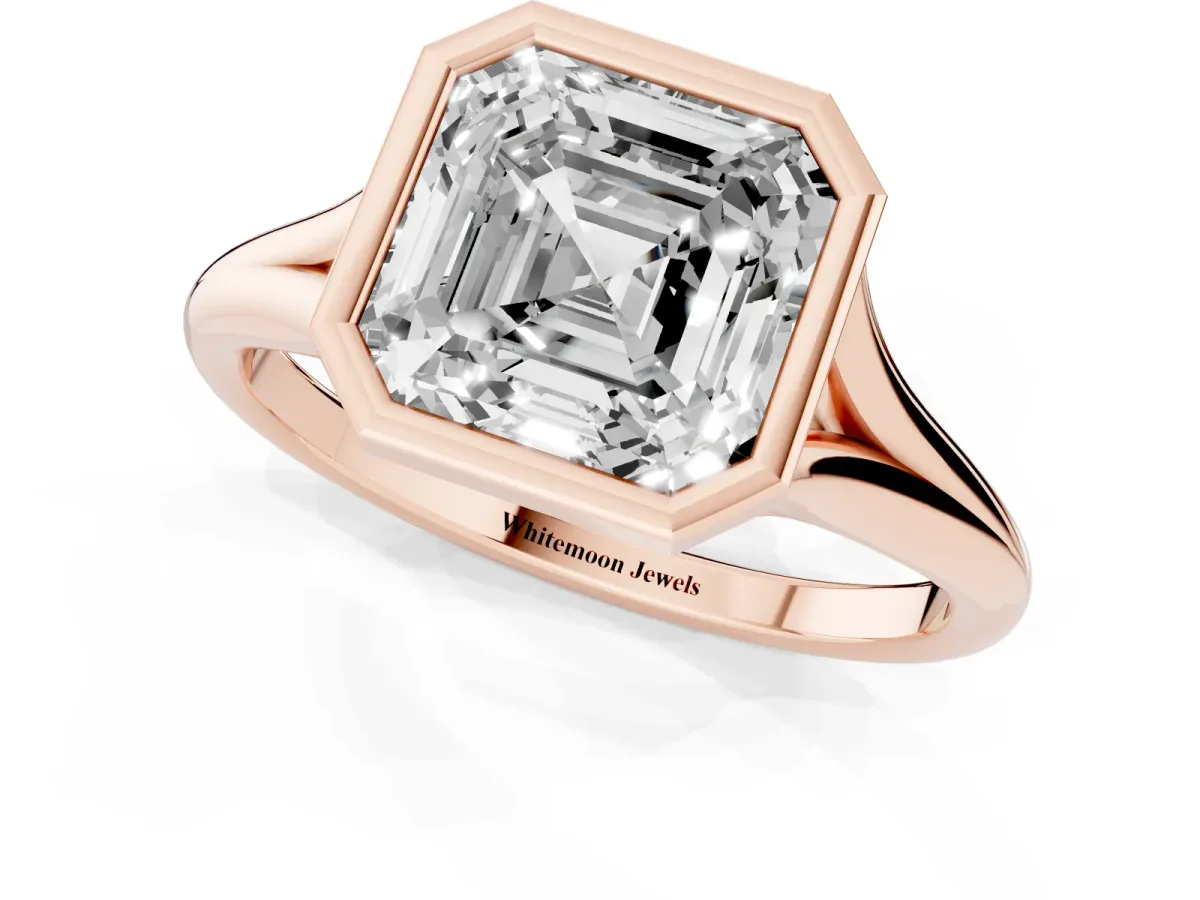Bezel Set Asscher Cut Cut Solitaire Ring with Tapered Band Rose gold
