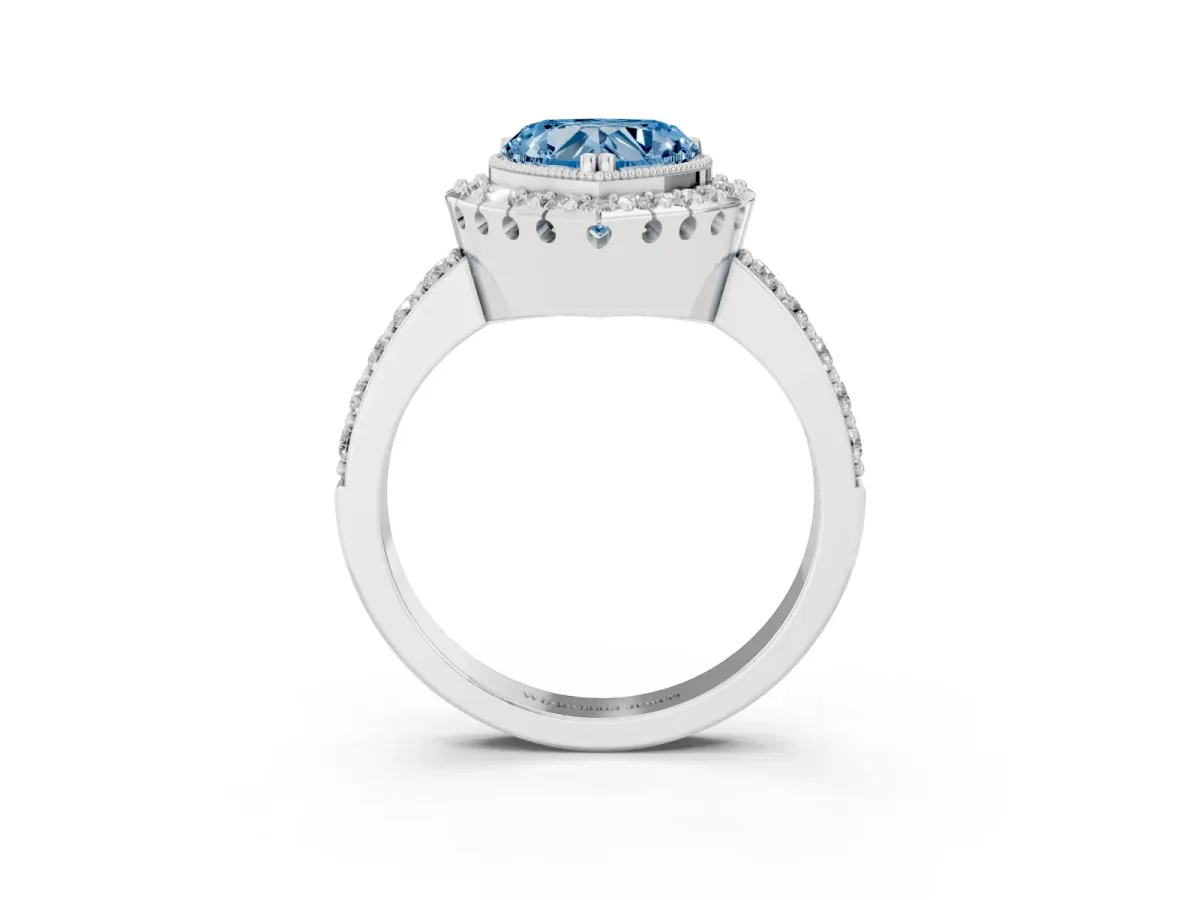 Fancy Blue Heart Cut Diamond Halo Ring with Pavé Band and Prong Setting White gold