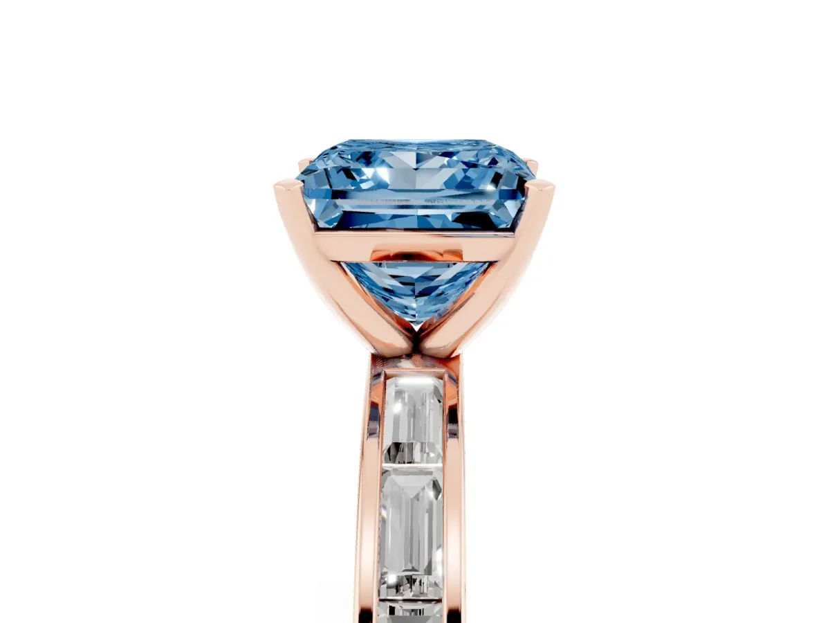 Fancy Blue Princess Cut Solitaire Diamond Ring with Channel-Set Baguette Band and Four-Prong Setting Rose gold