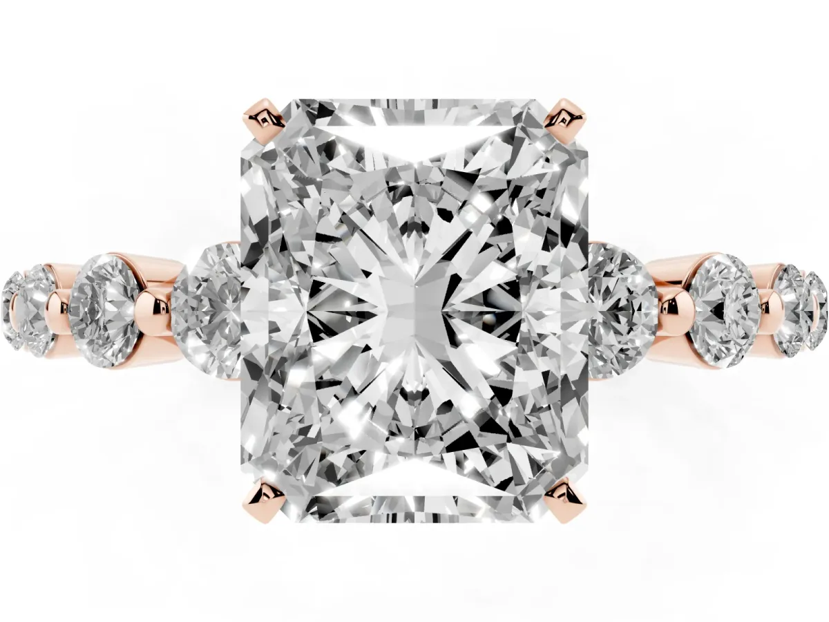 Radiant Cut Solitaire Diamond Ring with Pave Band and Four-Prong Setting Rose gold