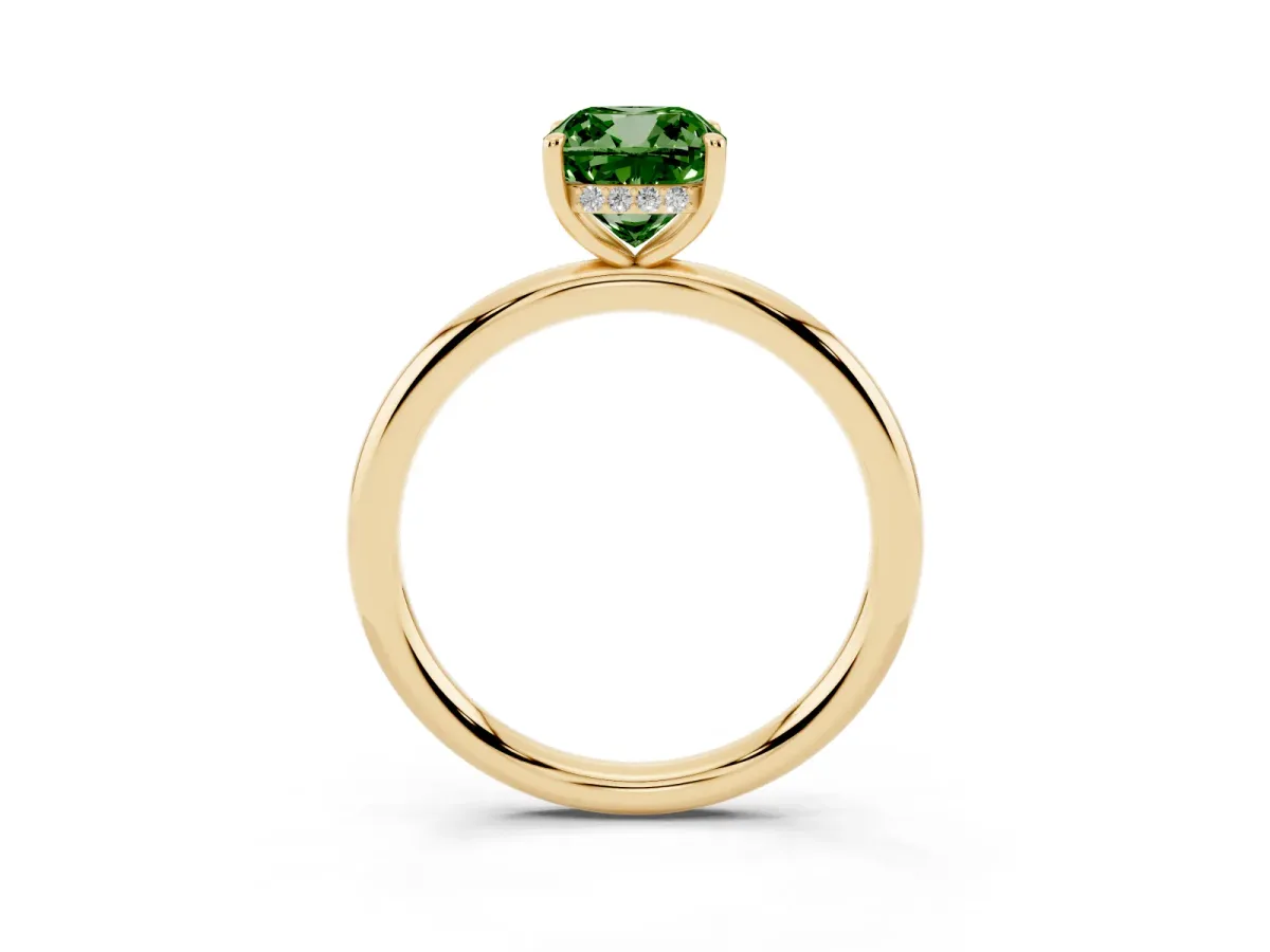 Fancy Green Cushion Cut Diamond Solitaire Ring with Thin Band and Four-Prong Setting Yellow gold
