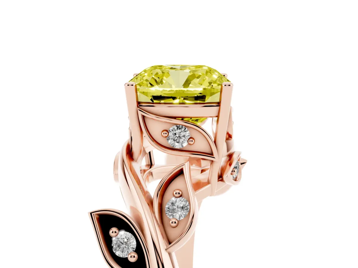 Fancy Yellow Cushion Cut Solitaire Twist Engagement Ring with Leaf Accents and Prong Setting Rose gold
