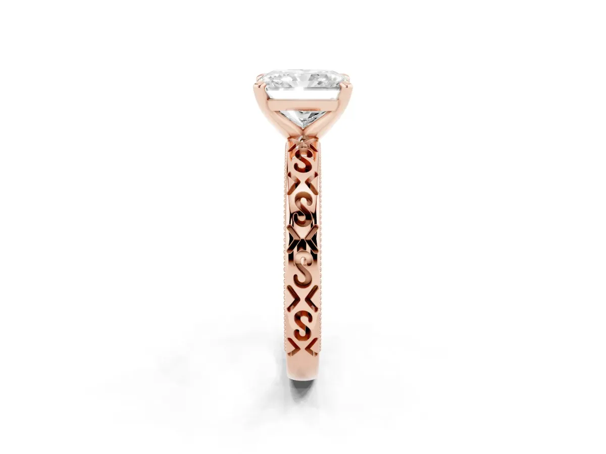 Radiant Cut Solitaire Engagement Ring with Scrollwork Band and Four-Prong Setting Rose gold