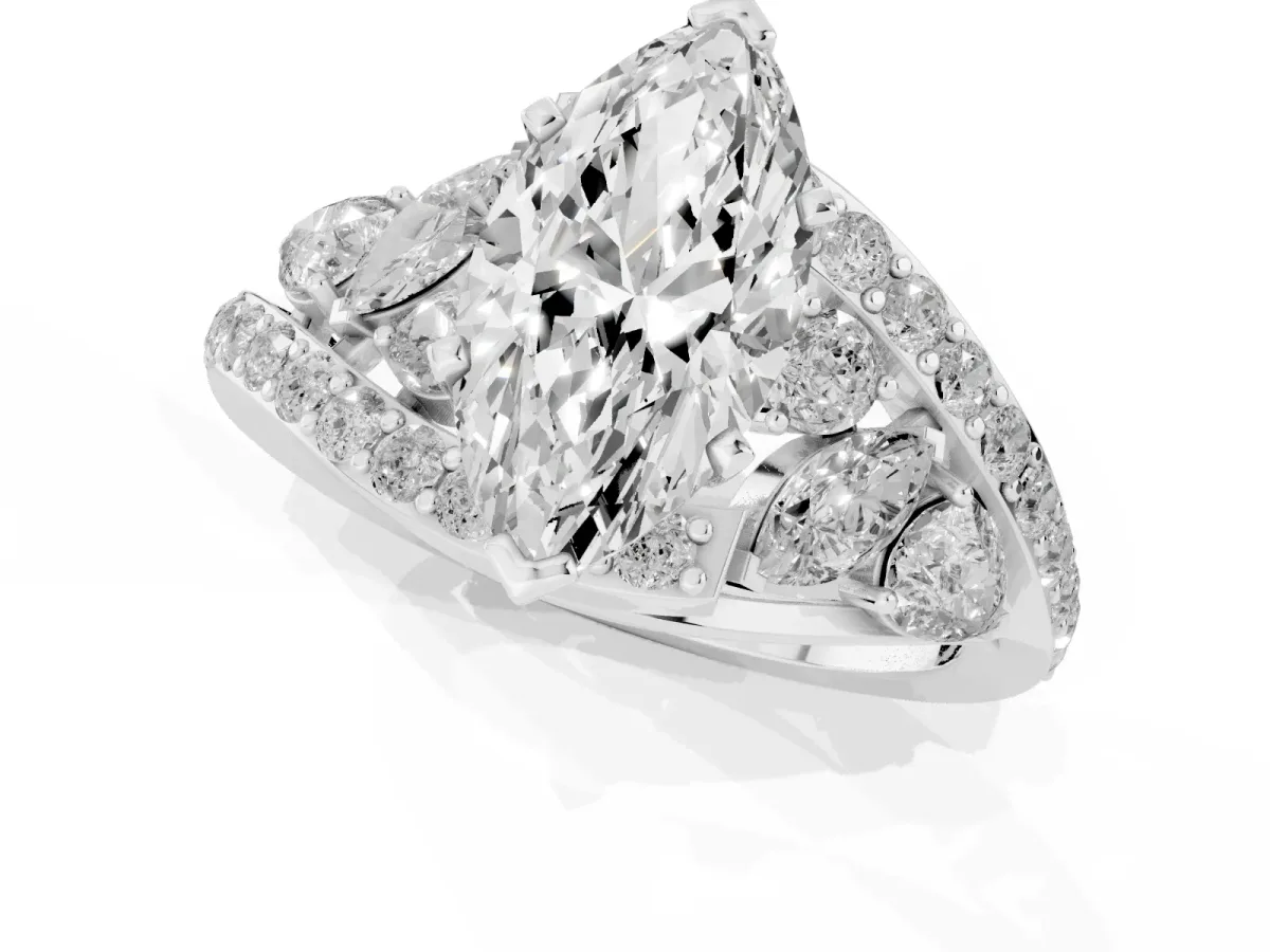 Marquise Cut Diamond Halo Ring with Marquise and Pavé Band in Prong Setting Platinum