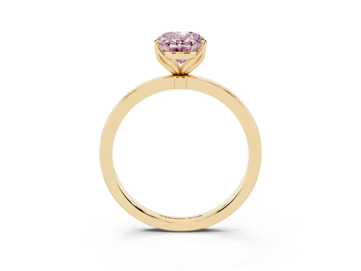 Fancy Pink Oval Cut Diamond Solitaire Ring with Thin Band and Prong Setting Yellow gold