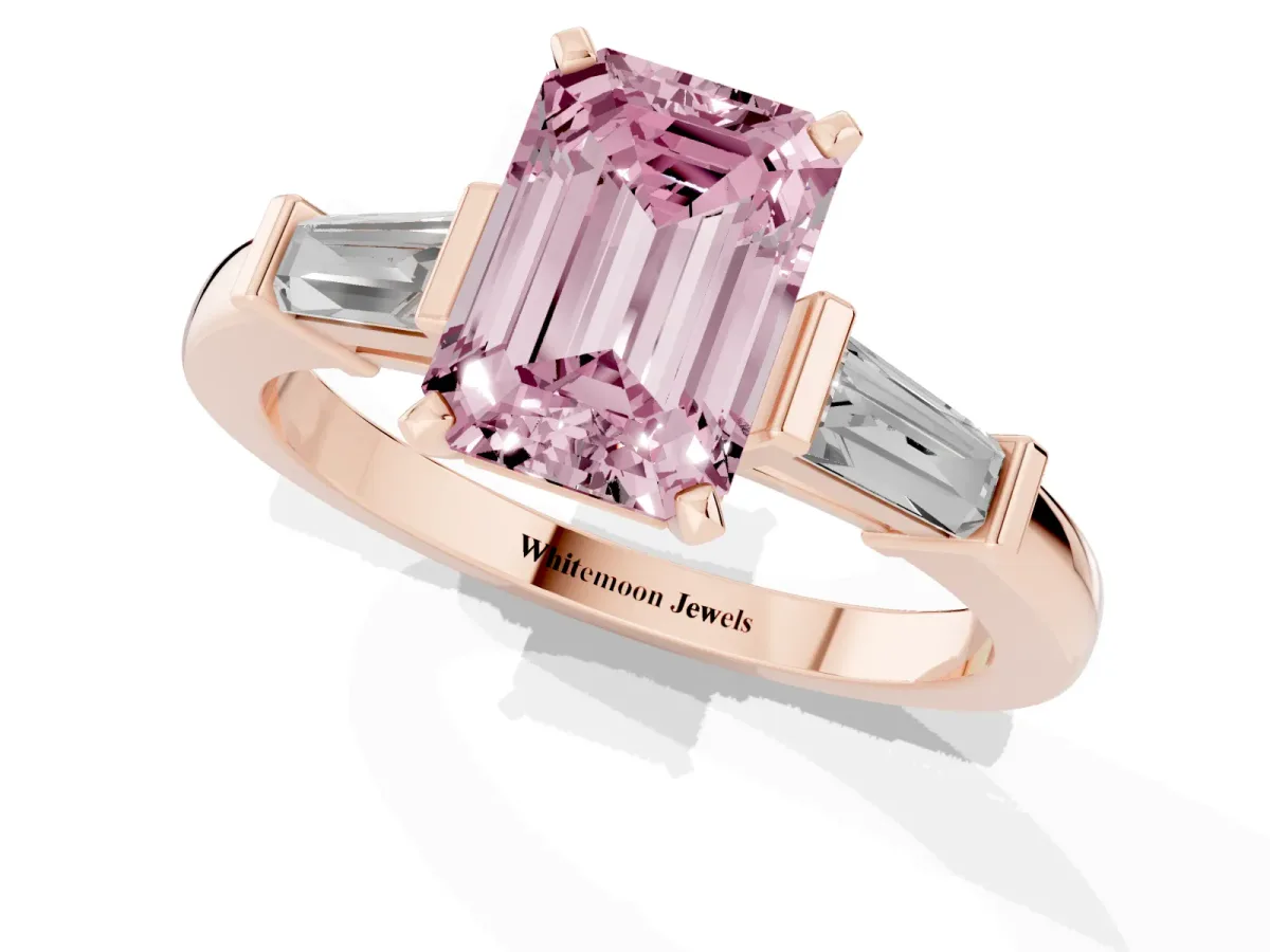 Fancy Pink Emerald Cut Cut Diamond Solitaire Ring with Tapered Baguette Accents and Four-Prong Setting Rose gold