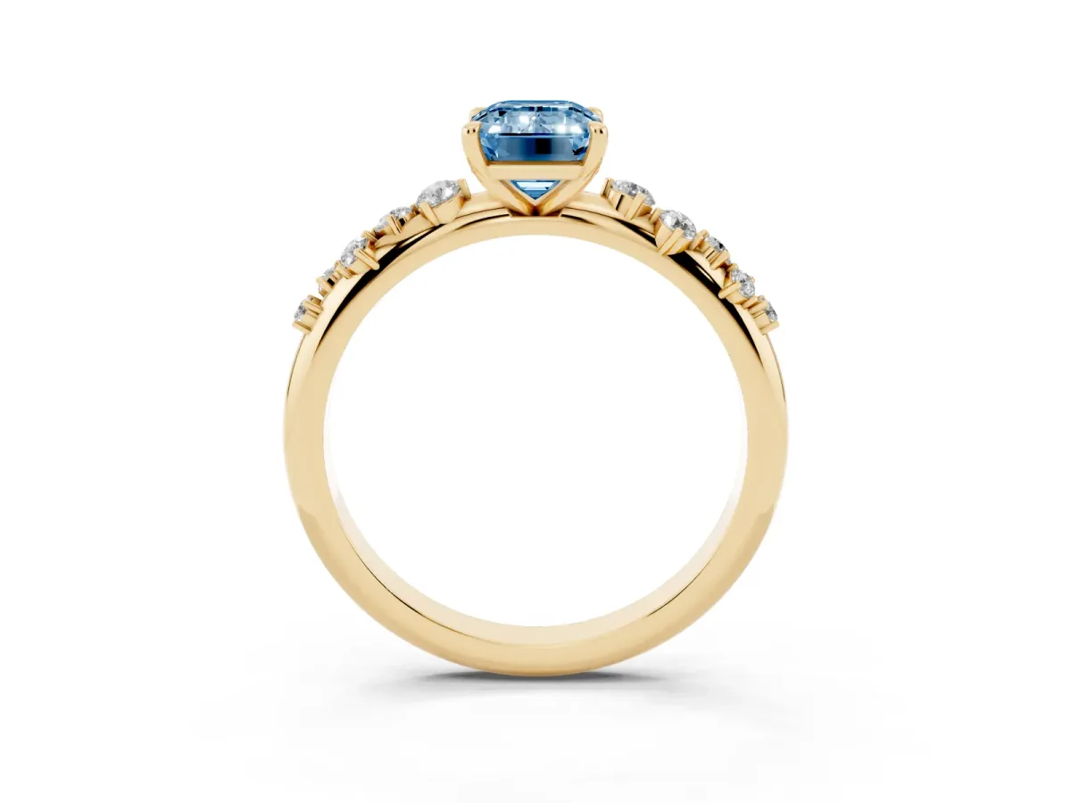 Fancy Blue Emerald Cut Diamond Cluster Prong-Set Solitaire Ring Yellow gold
