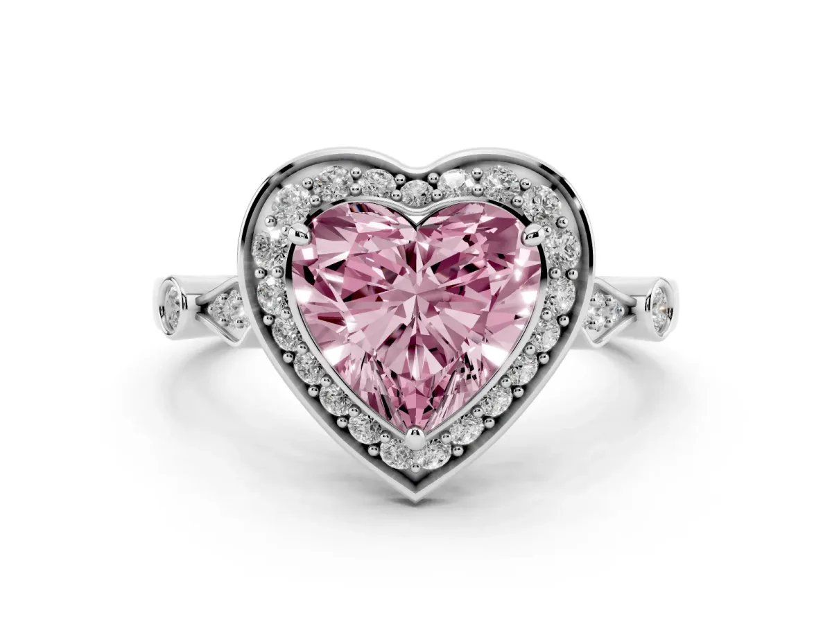 Fancy Pink Heart Cut Halo Diamond Engagement Ring with Twisted Band and Four-Prong Setting White gold