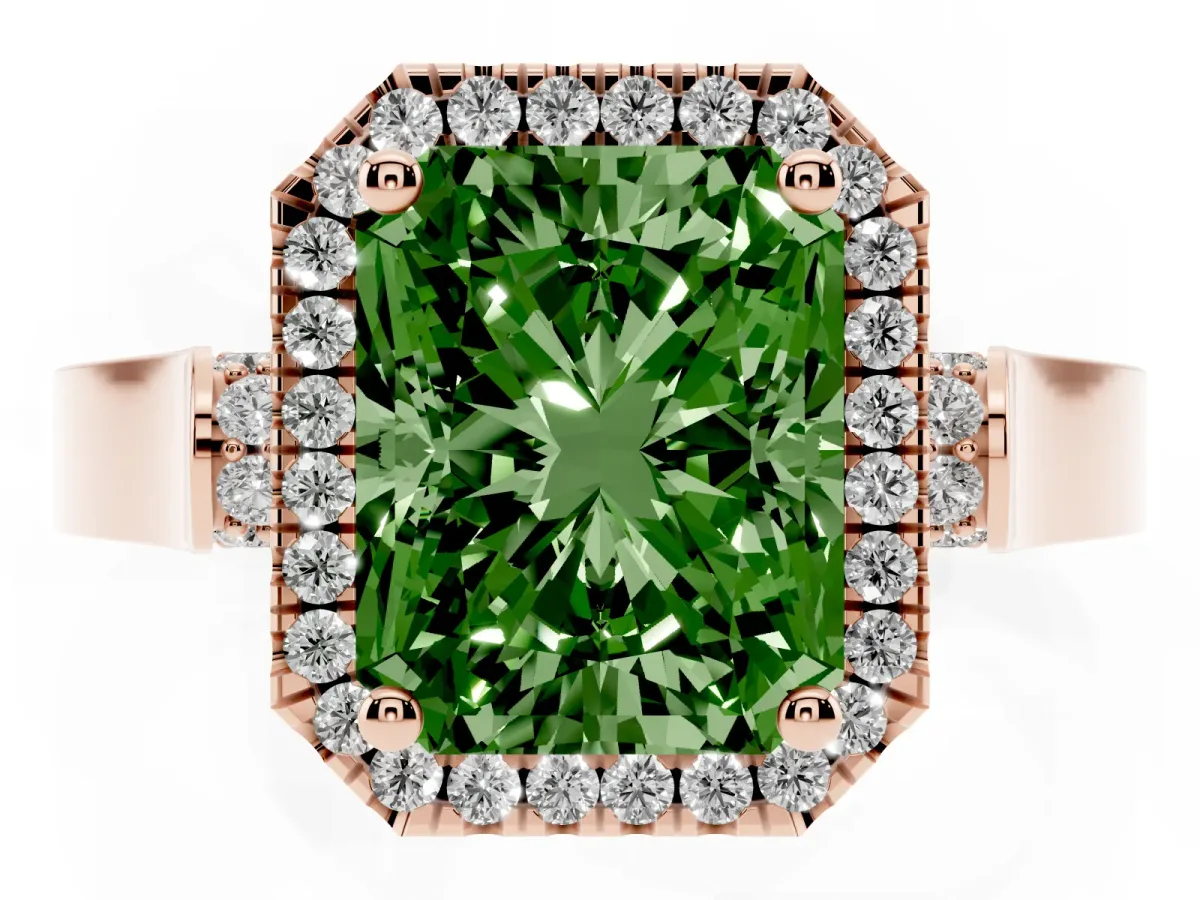 Fancy Green Radiant Cut Halo Round Diamond Twist Band with Four-Prong Setting Rose gold