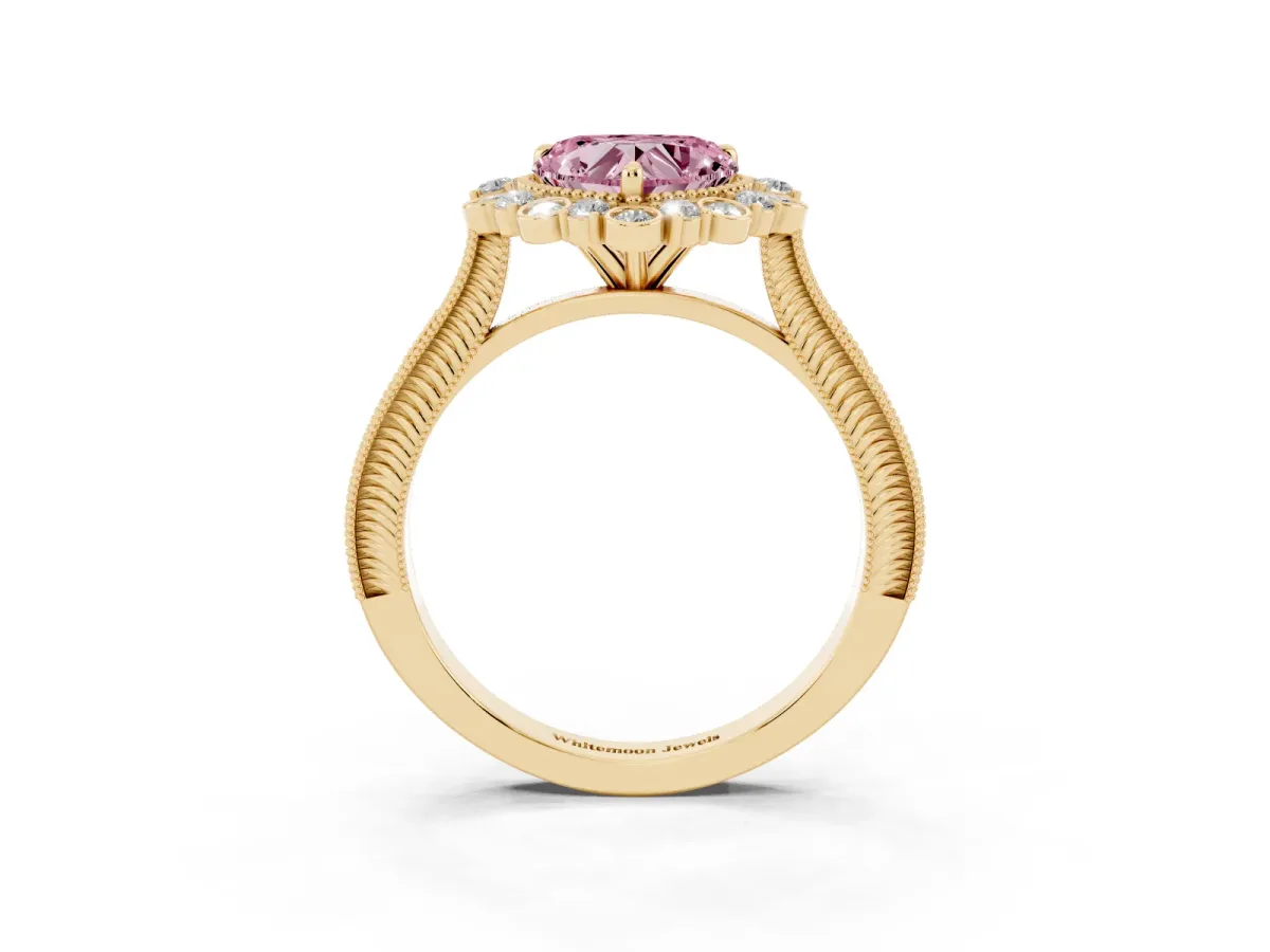 Fancy Pink Heart Cut Halo Milgrain Pave Diamond Ring with Four-Prong Setting Yellow gold