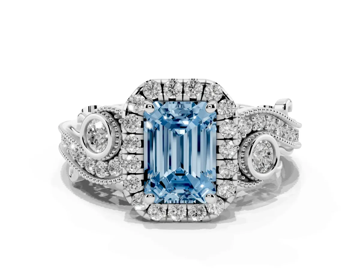 Fancy Blue Emerald Cut Halo Diamond Ring with Milgrain and Bezel Accents on a Split Shank Band White gold