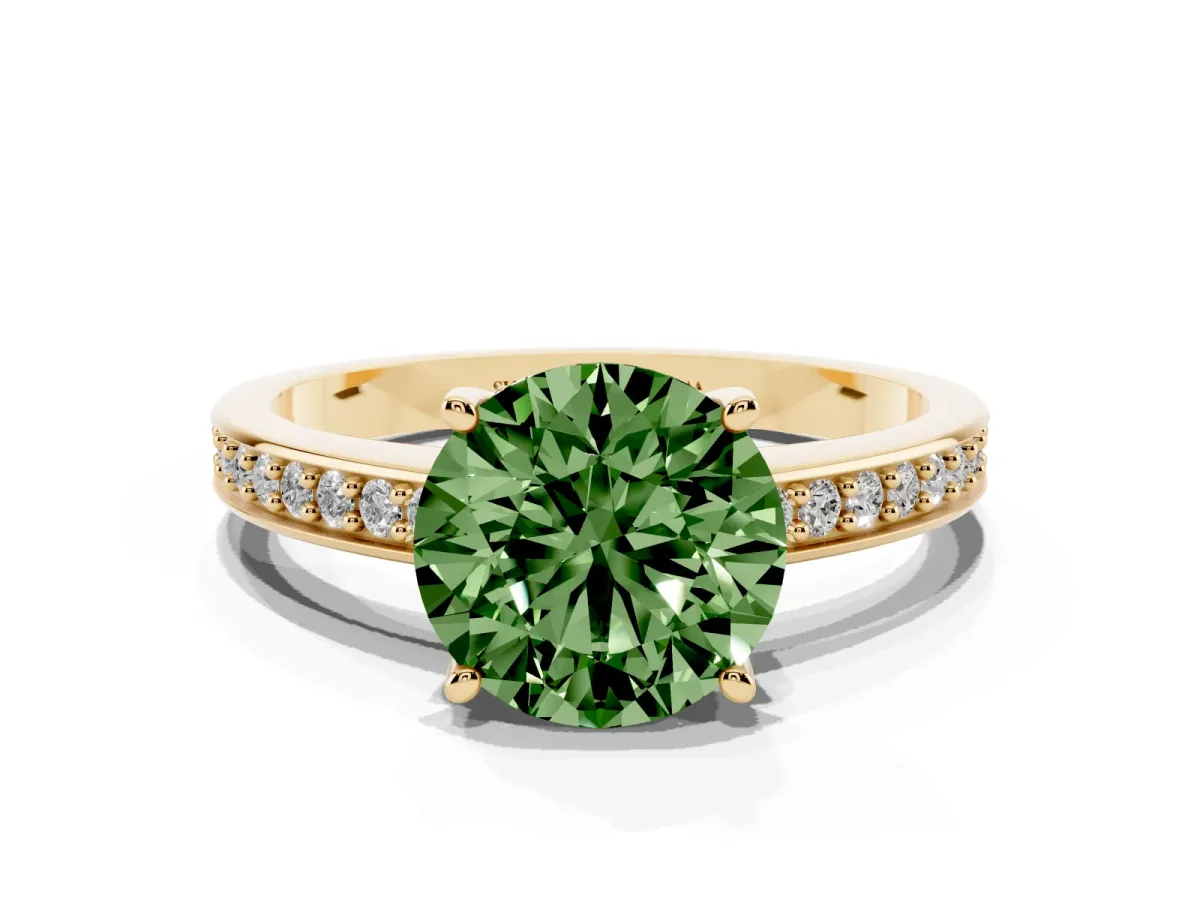 Fancy Green Round Cut Solitaire Pavé Band Prong Setting Ring Yellow gold