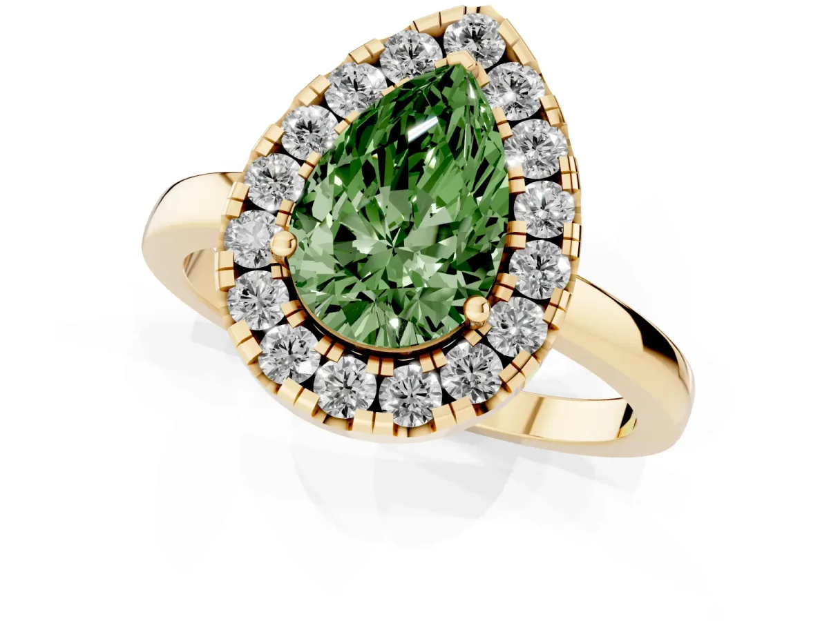 Fancy Green Pear Cut Halo Diamond Solitaire with Pavé Band and Four-Prong Setting Yellow gold