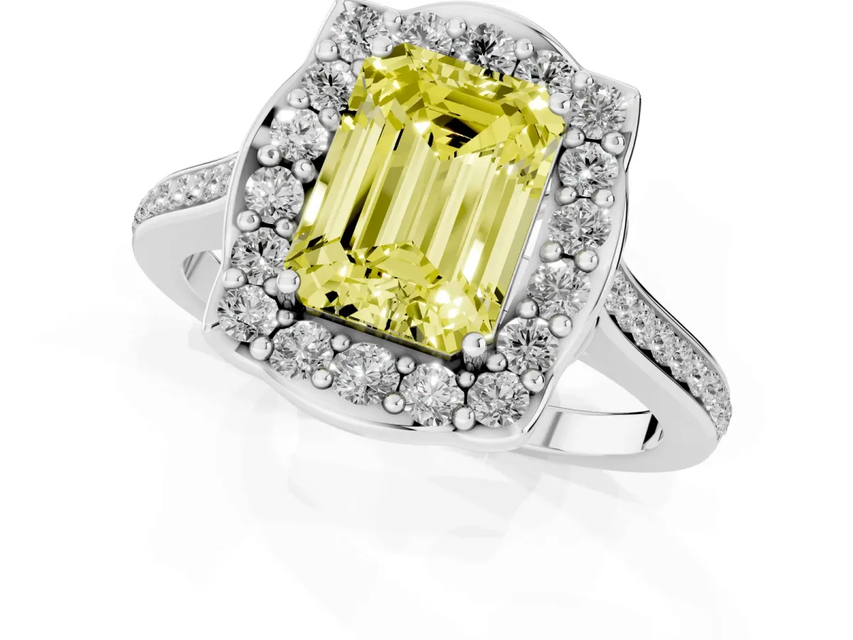 Fancy Yellow Emerald Cut Halo Round Diamond Pave Band with Four-Prong Setting Silver