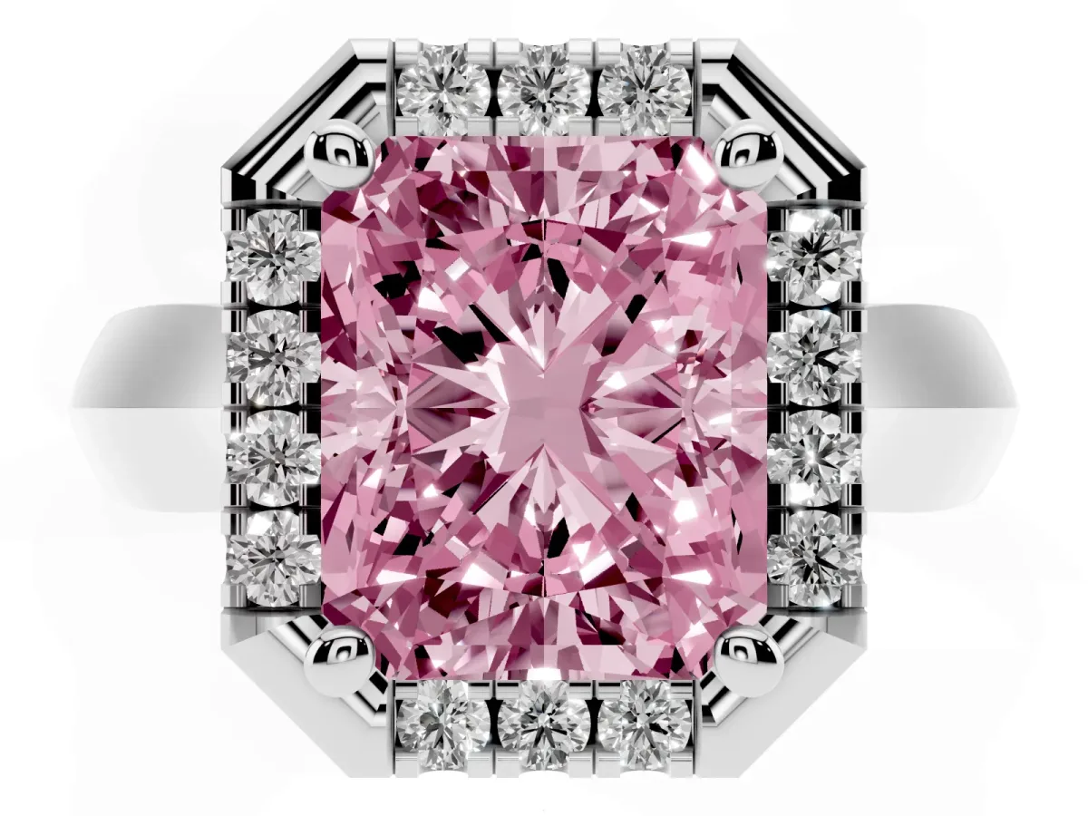 Fancy Pink Radiant Cut Cut Halo Solitaire Engagement Ring with Square Band and Four-Prong Setting White gold