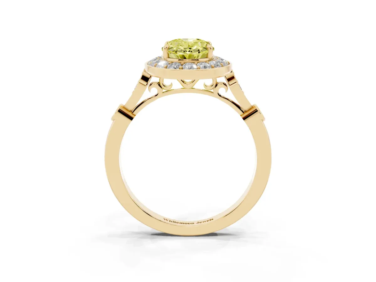 Fancy Yellow Oval Cut Halo Diamond Engagement Ring with Twisted Band and Four-Prong Setting Yellow gold