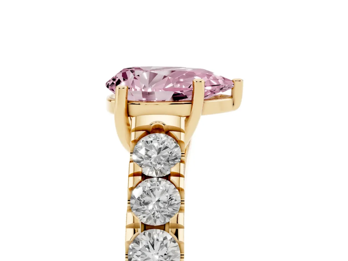 Fancy Pink Pear Cut Cut Diamond Solitaire Ring with Micro Pave Band and Prong Setting Yellow gold