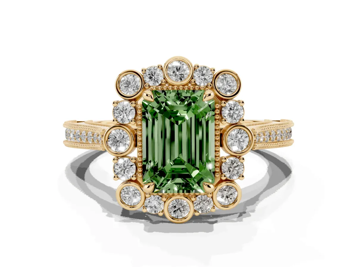 Fancy Green Emerald Cut Halo Milgrain Pave Diamond Ring with Four-Prong Setting Yellow gold