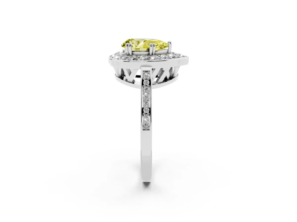 Fancy Yellow Pear Cut Diamond Halo Ring with Split Shank and Four-Prong Setting Silver
