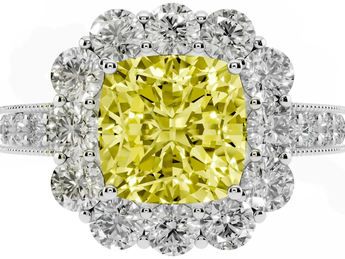 Fancy Yellow Cushion Cut Cut Halo Diamond Pavé Engagement Ring with Milgrain Detailing White gold