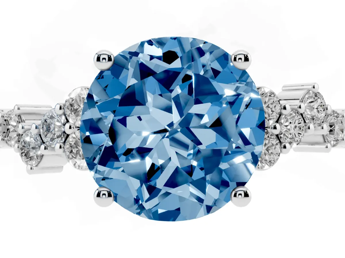 Fancy Blue Round Cut Diamond Scattered Round Accent Ring with Prong Setting Silver