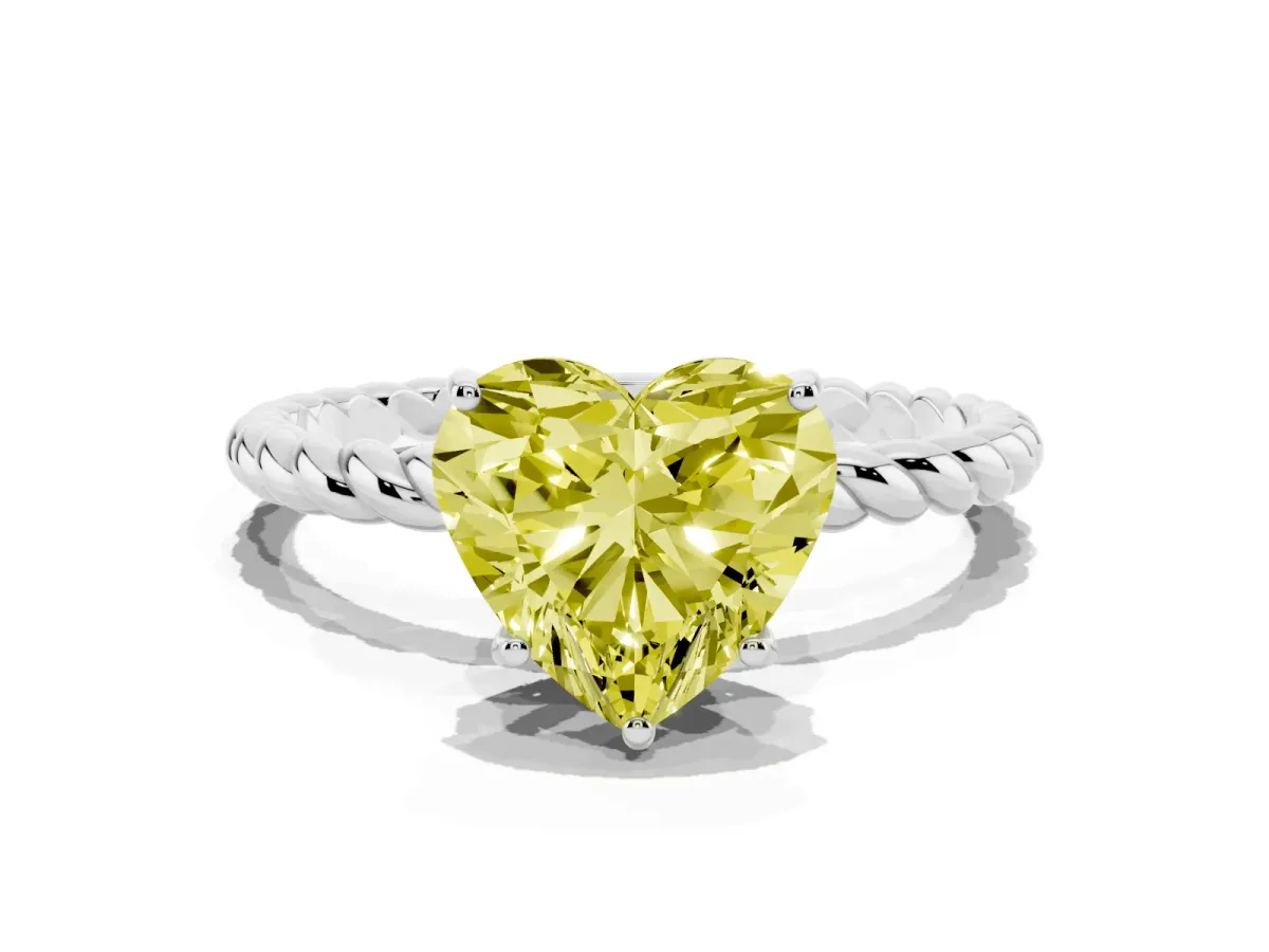Fancy Yellow Heart Cut Solitaire Twist Band Ring with Four-Prong Setting Silver