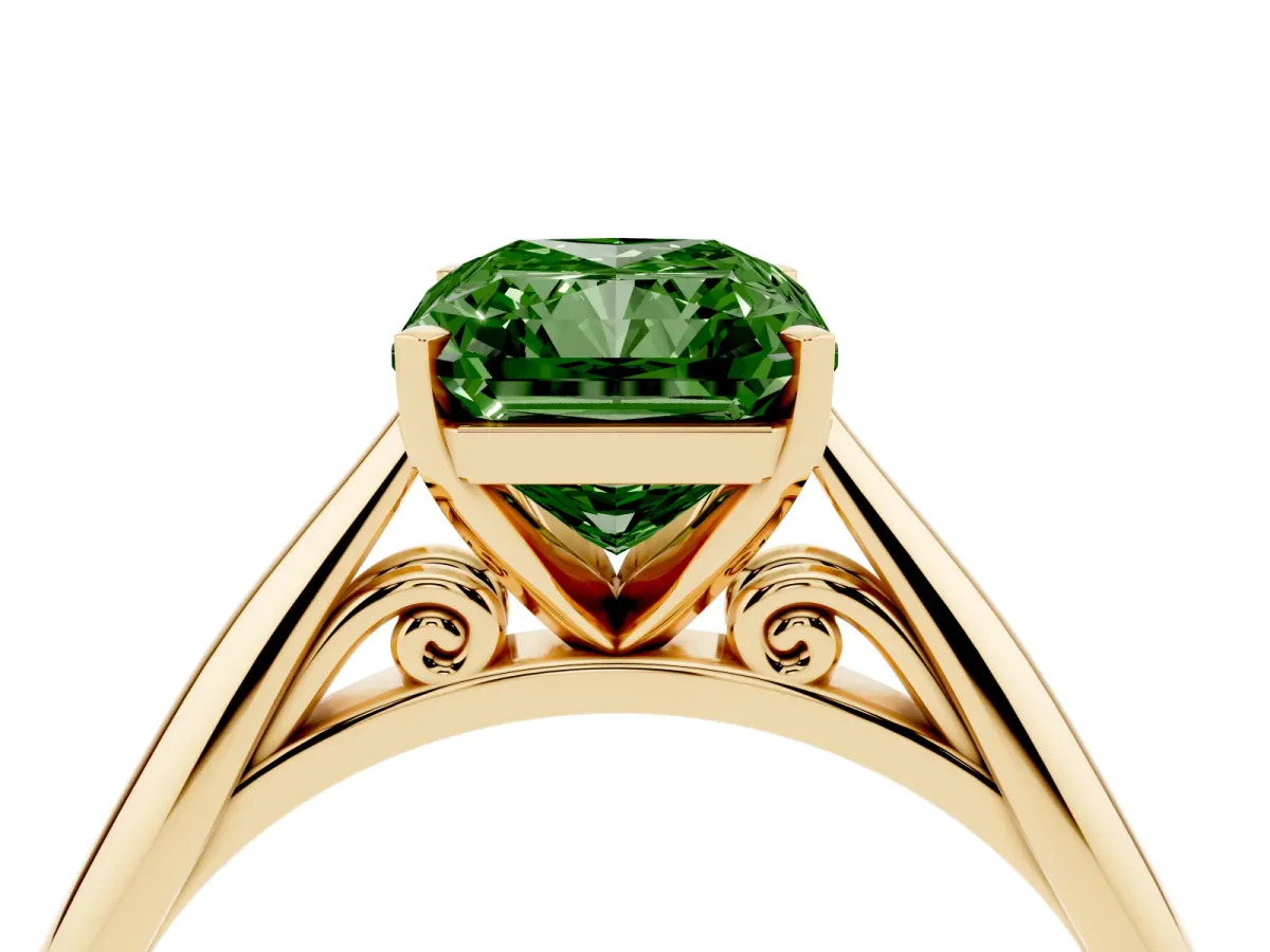 Fancy Green Radiant Cut Diamond Solitaire Engagement Ring with Cathedral Setting and Four-Prong Mount Yellow gold