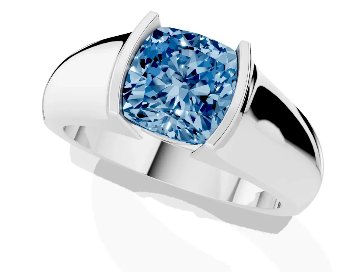 Fancy Blue Cushion Cut Solitaire Bezel Set Diamond Ring with Wide Band Silver