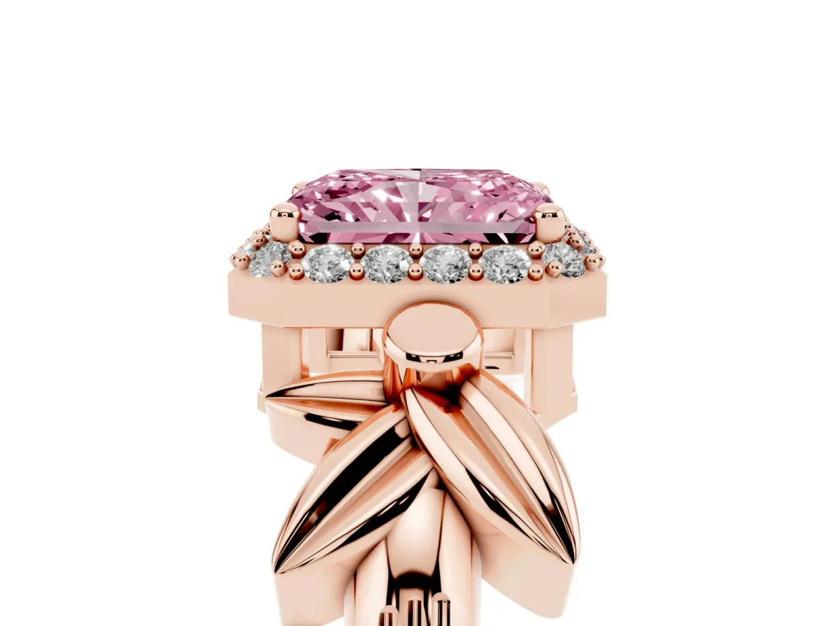 Fancy Pink Radiant Cut Halo Diamond Floral Band with Four-Prong Setting Rose gold