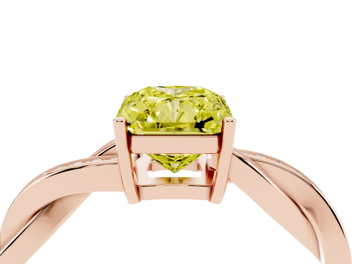 Fancy Yellow Radiant Cut Solitaire Twisted Pave Diamond Ring with Four-Prong Setting Rose gold