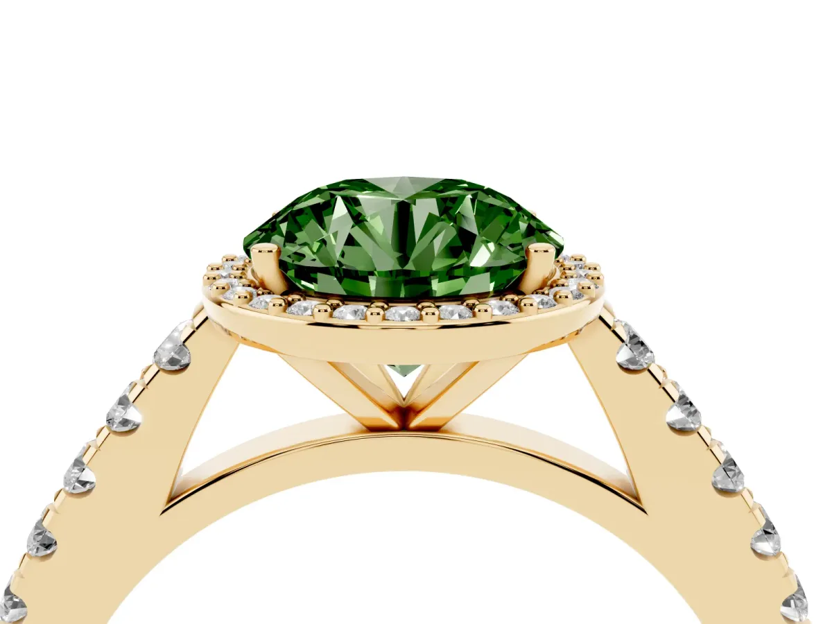 Fancy Green Round Cut Cut Halo Diamond Engagement Ring with Pave Band and Four-Prong Setting Yellow gold