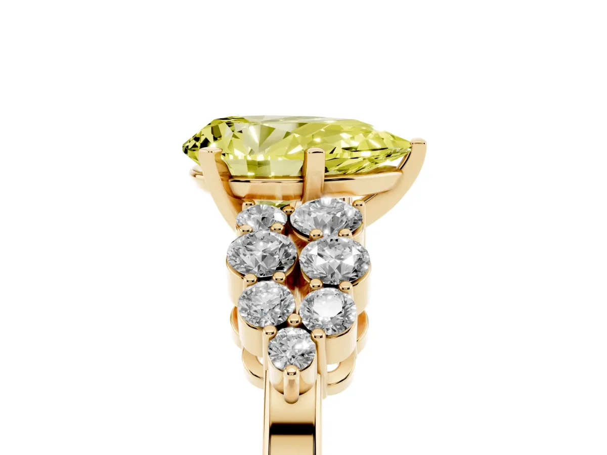 Fancy Yellow Pear Cut Cluster Diamond Engagement Ring with Pavé Band and Four-Prong Setting Yellow gold