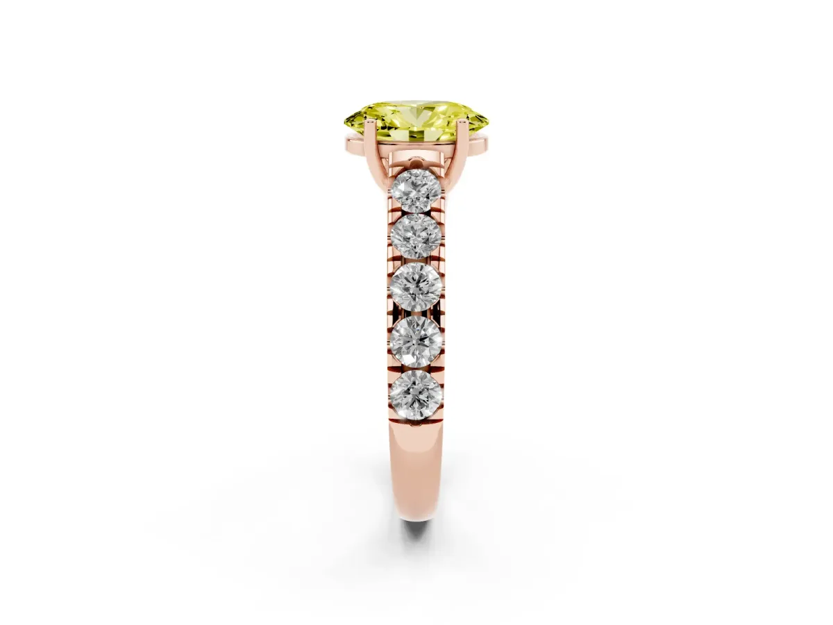 Fancy Yellow Oval Cut Cut Diamond Solitaire Ring with Micro Pave Band and Prong Setting Rose gold