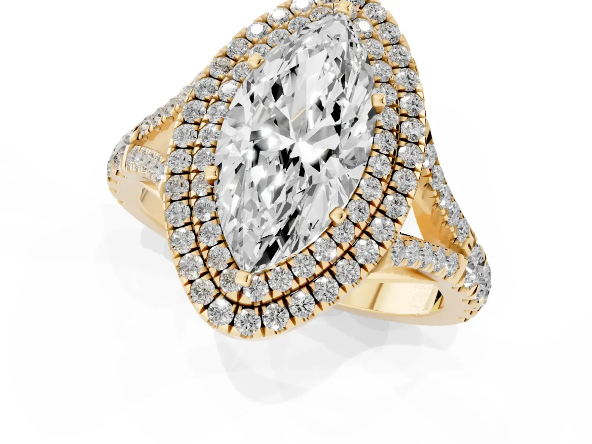Double Halo Marquise Cut Diamond Split Shank Engagement Ring with Four-Prong Setting Yellow gold