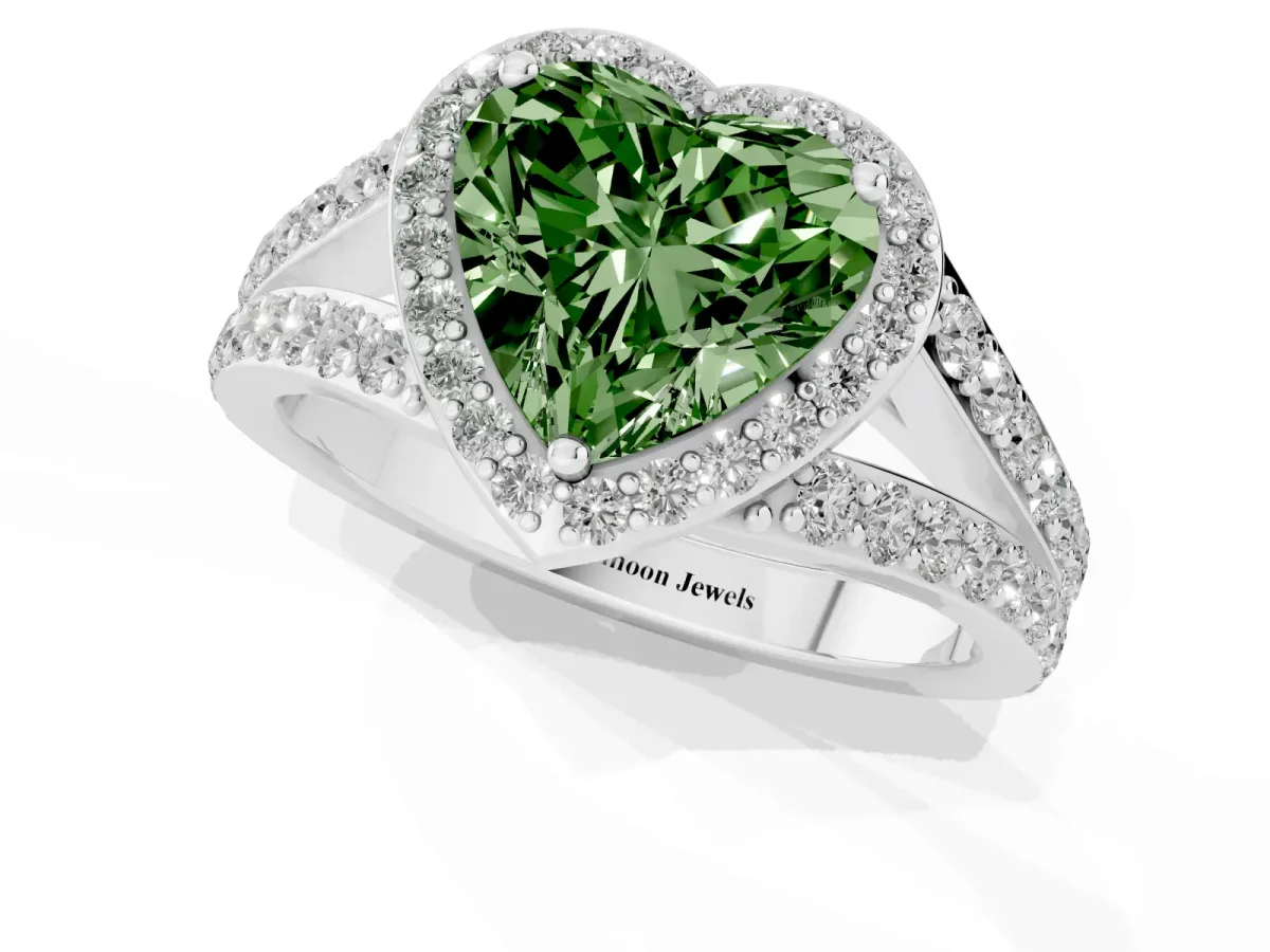 Fancy Green Heart Cut Diamond Split Shank Halo Ring with Four-Prong Setting Silver