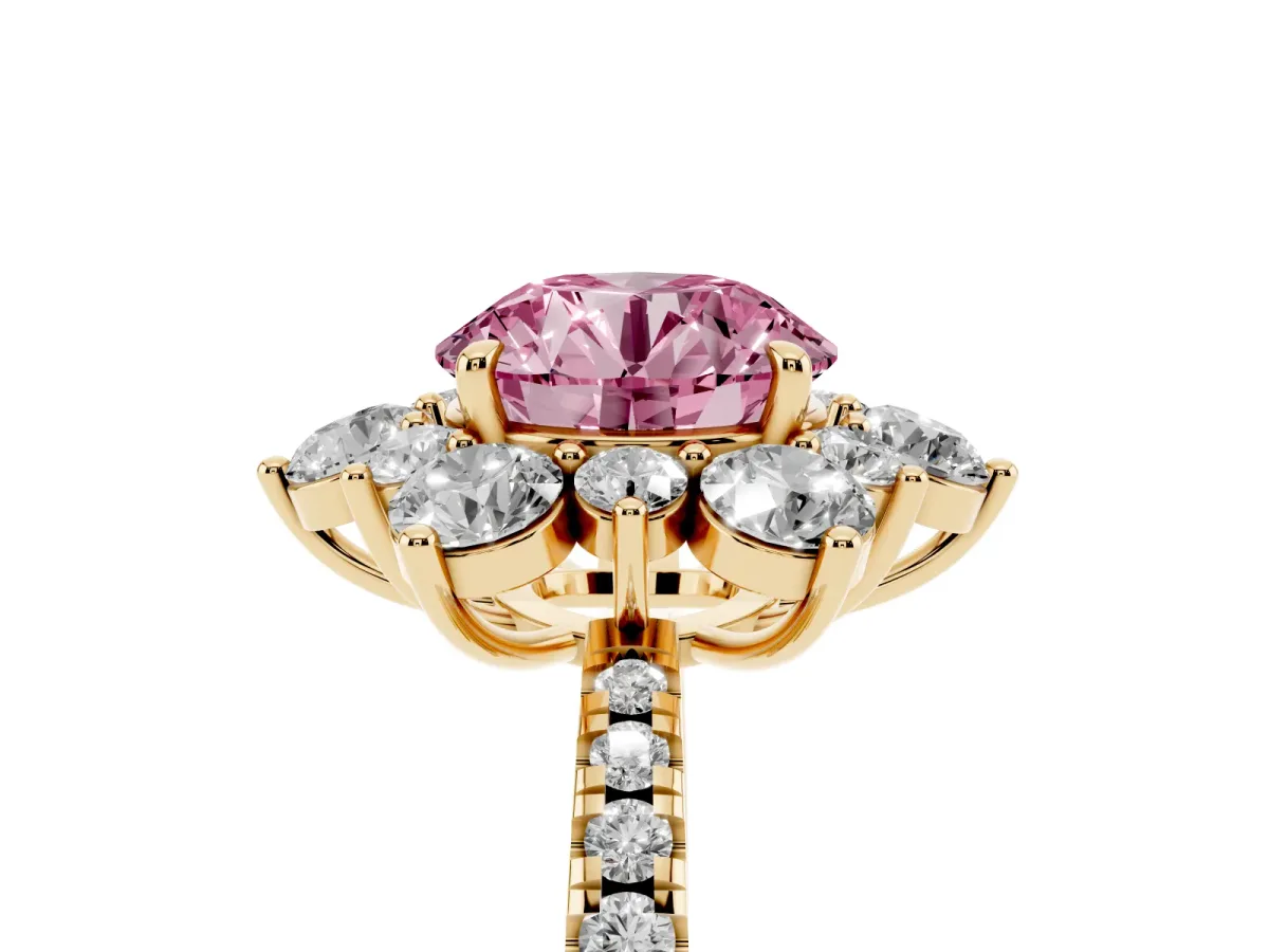 Fancy Pink Round Cut Diamond Floral Halo Ring with Round Pavé Band and Prong Setting Yellow gold