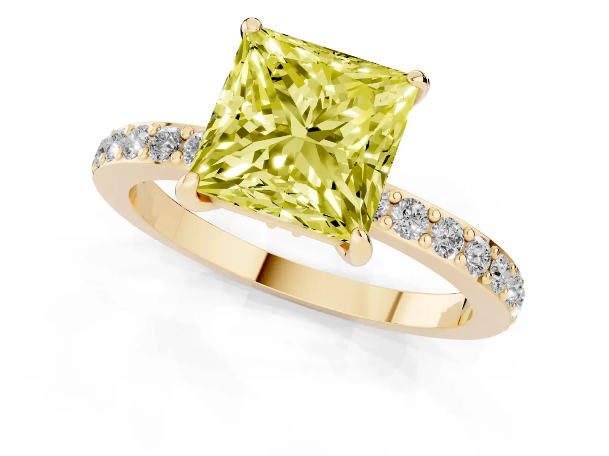Fancy Yellow Princess Cut Diamond Solitaire Engagement Ring with Pavé Band and Four-Prong Setting Yellow gold