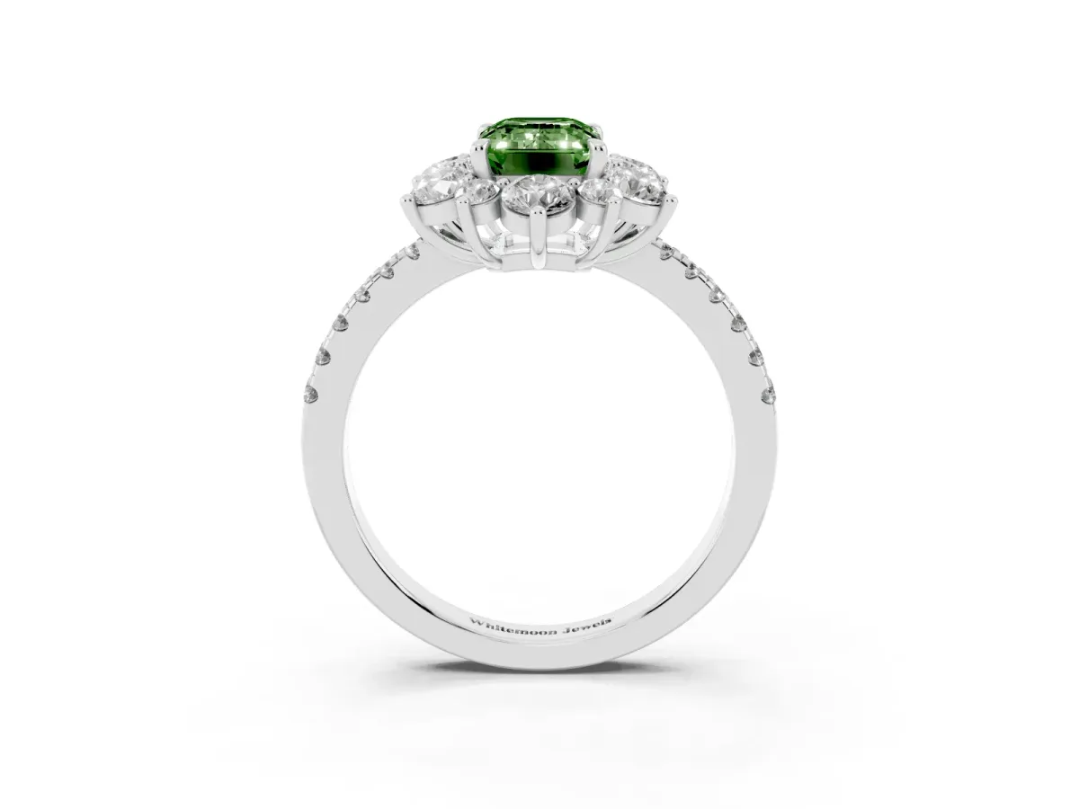 Fancy Green Emerald Cut Diamond Floral Halo Ring with Round Pavé Band and Prong Setting Silver