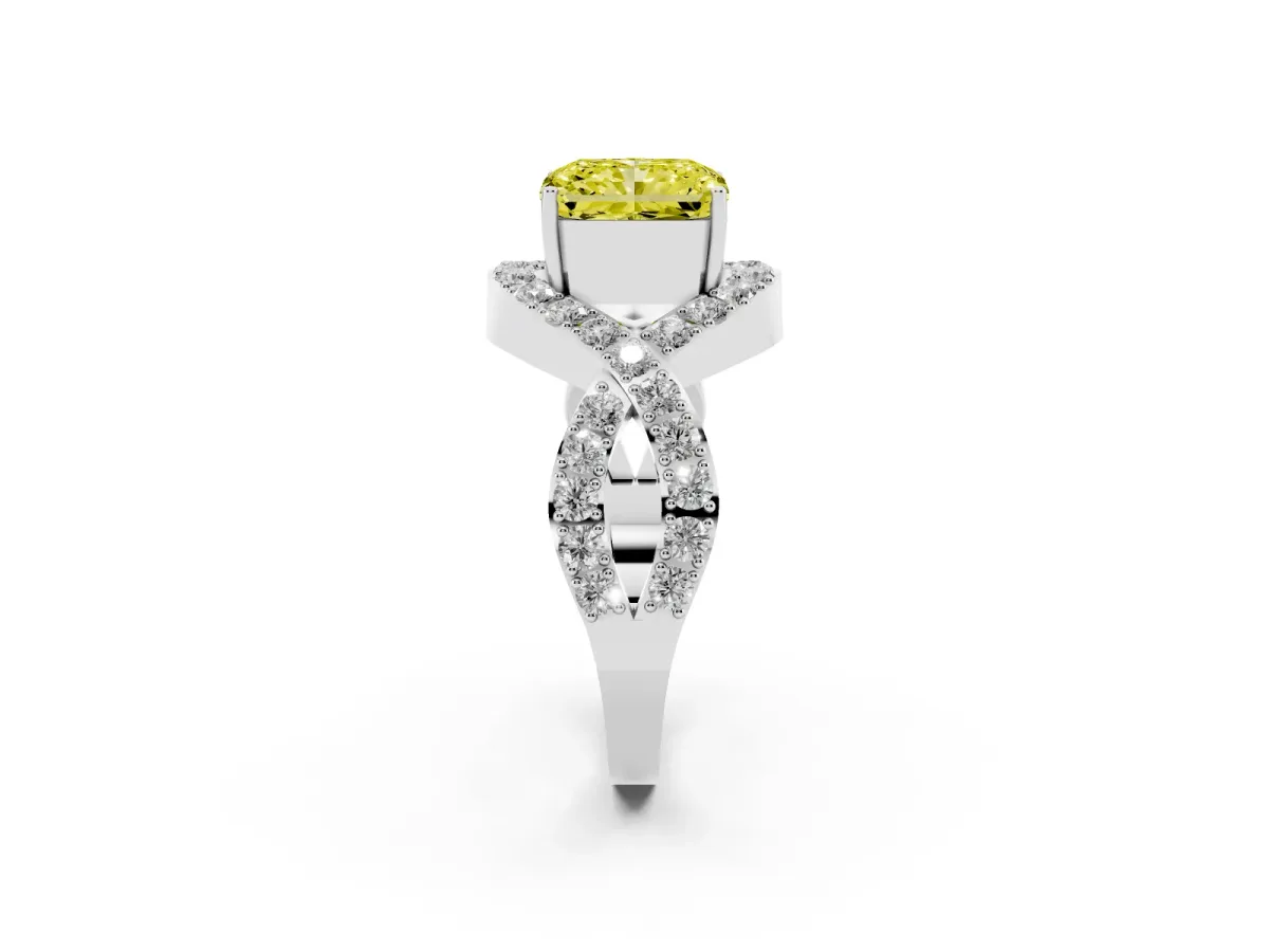 Fancy Yellow Radiant Cut Solitaire Twist Band Pavé Diamond Engagement Ring White gold