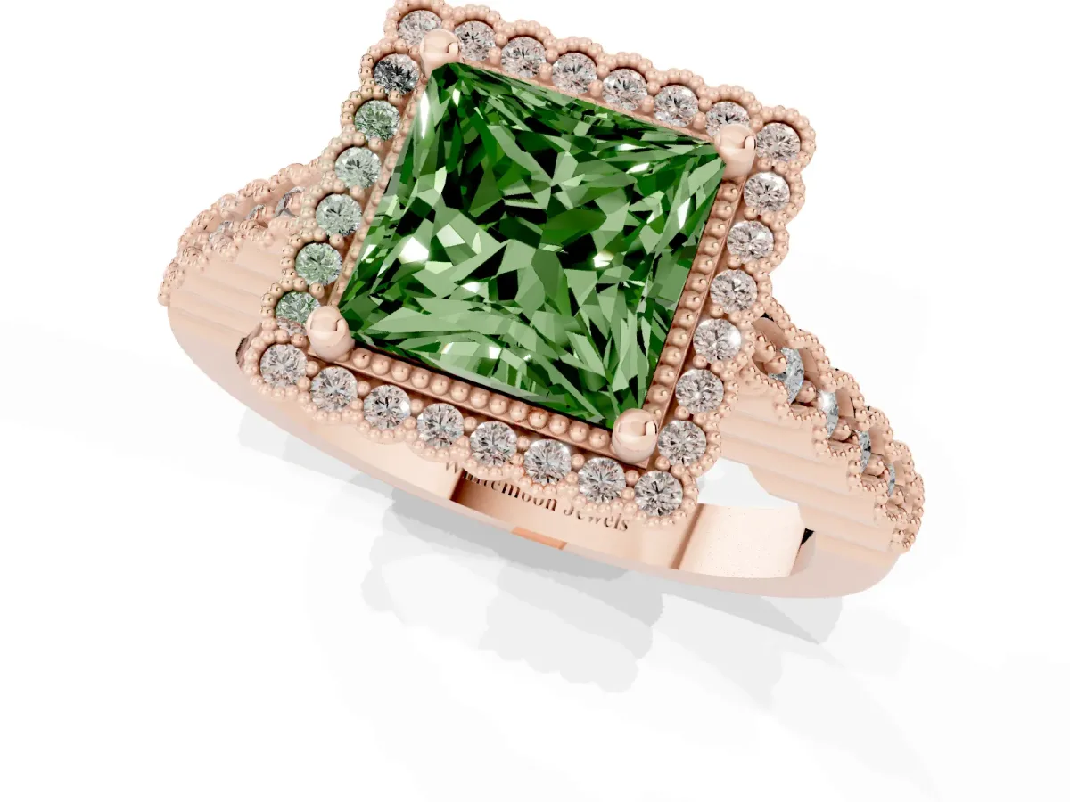 Fancy Green Princess Cut Cut Halo Pavé Solitaire Ring with Milgrain Band Rose gold