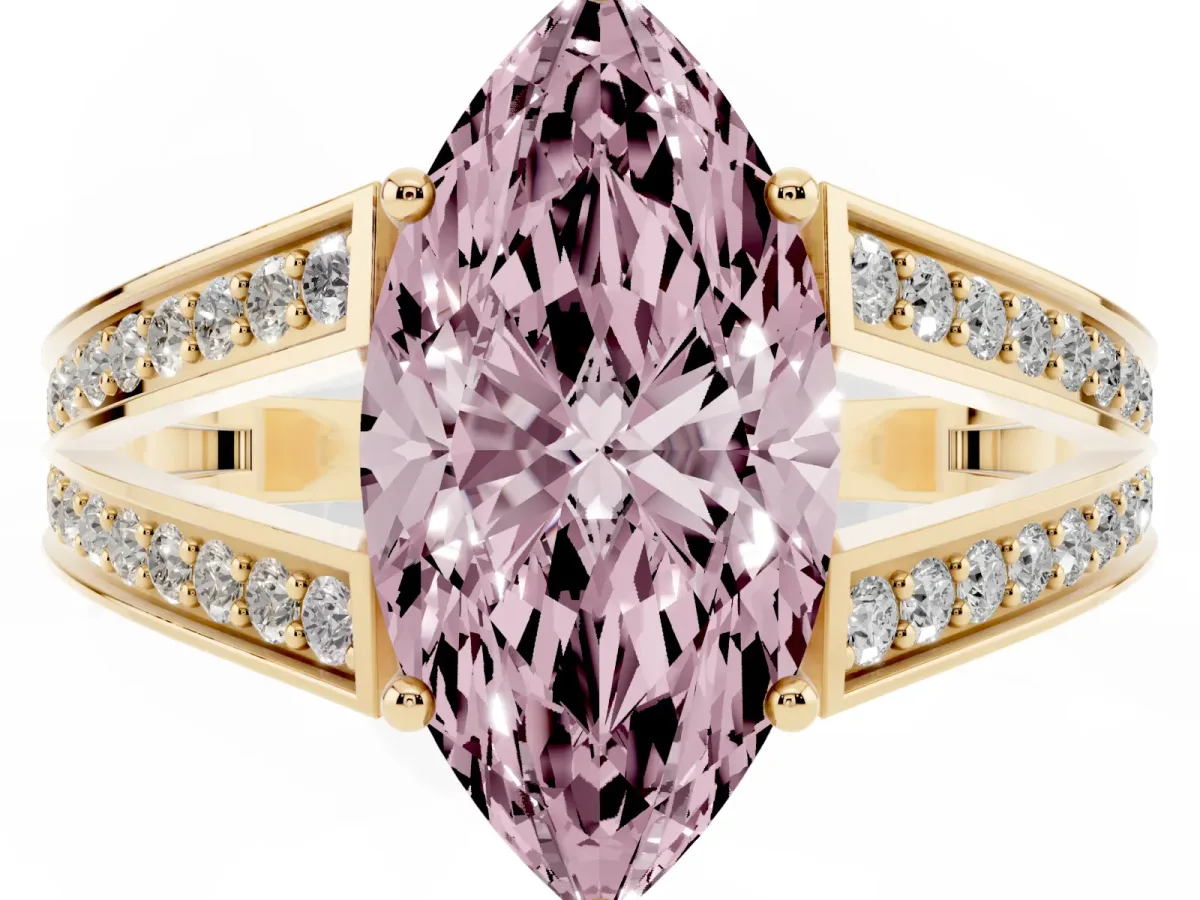 Fancy Pink Marquise Cut Diamond Split Shank Ring with Pavé Band and Four-Prong Setting Yellow gold