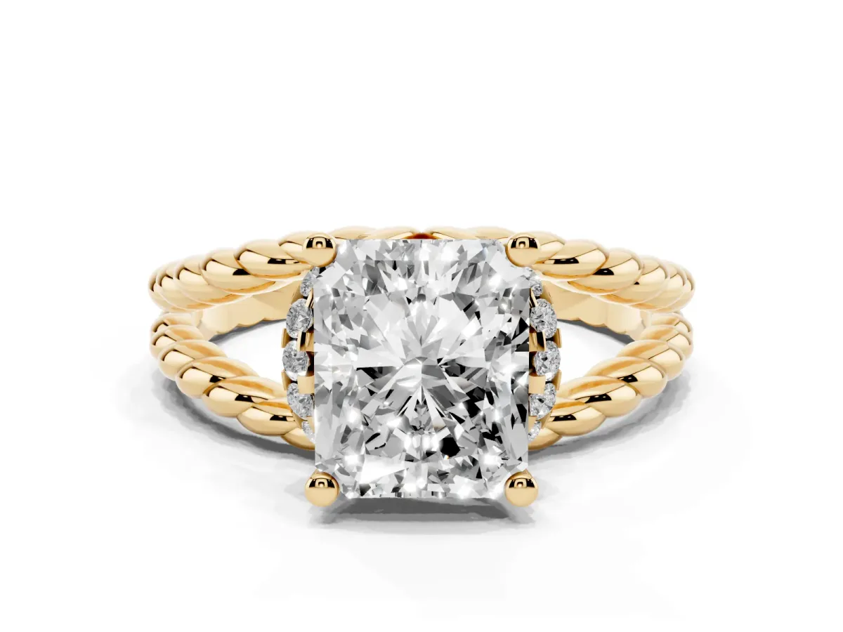 Radiant Cut Halo Twisted Band Four-Prong Ring Yellow gold