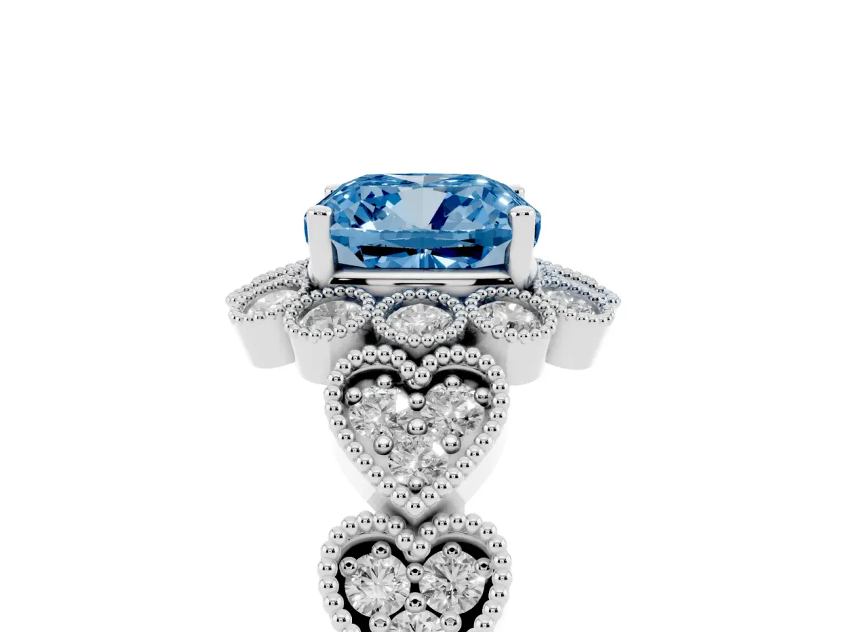 Fancy Blue Cushion Cut Brilliant Milgrain Pave Heart Band Solitaire Ring Platinum