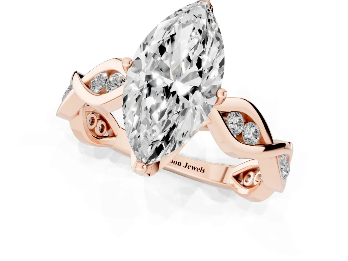 Marquise Cut Solitaire Twist Band with Leaf Prong Setting Rose gold