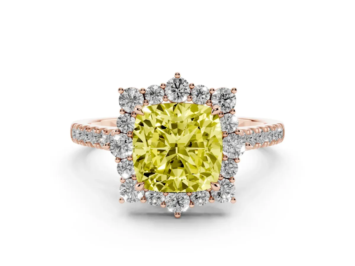 Fancy Yellow Cushion Cut Halo Diamond Ring with Pavé Band and Prong Setting Rose gold