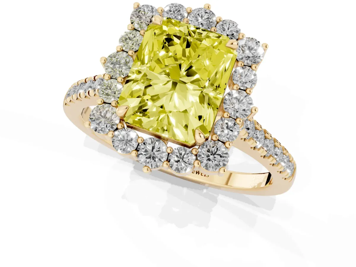 Fancy Yellow Radiant Cut Halo Diamond Ring with Pavé Band and Prong Setting Yellow gold