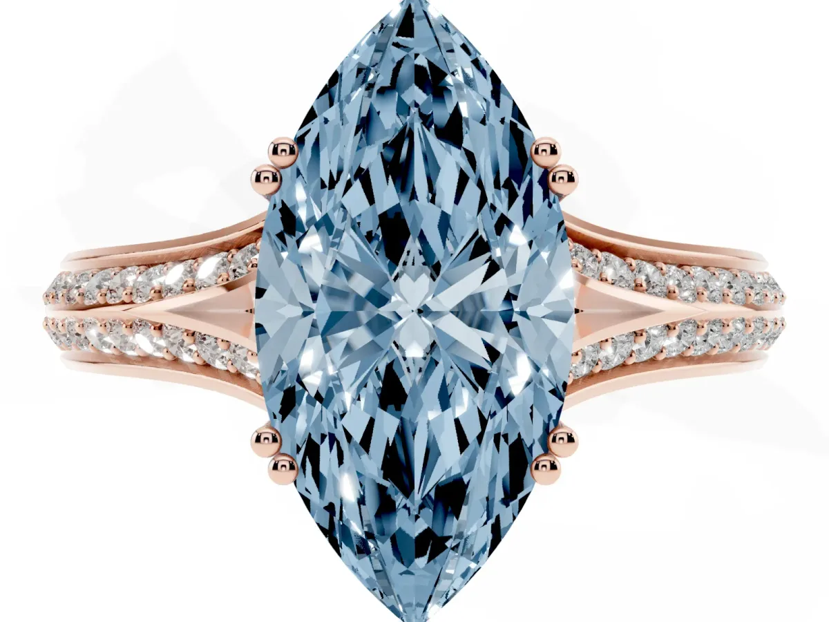 Fancy Blue Marquise Cut Diamond Split Shank Engagement Ring with Pavé Band Rose gold