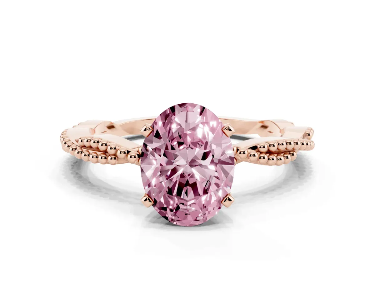 Fancy Pink Oval Cut Solitaire Twisted Band with Bead Prong Setting Rose gold